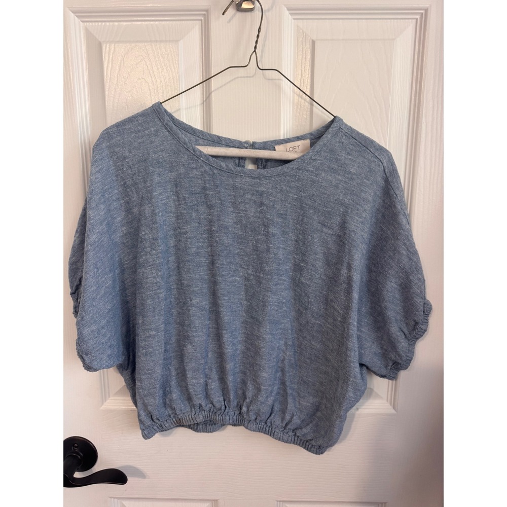 LOFT Outlet Blue Linen Blend Cropped Blouse Top Size Small